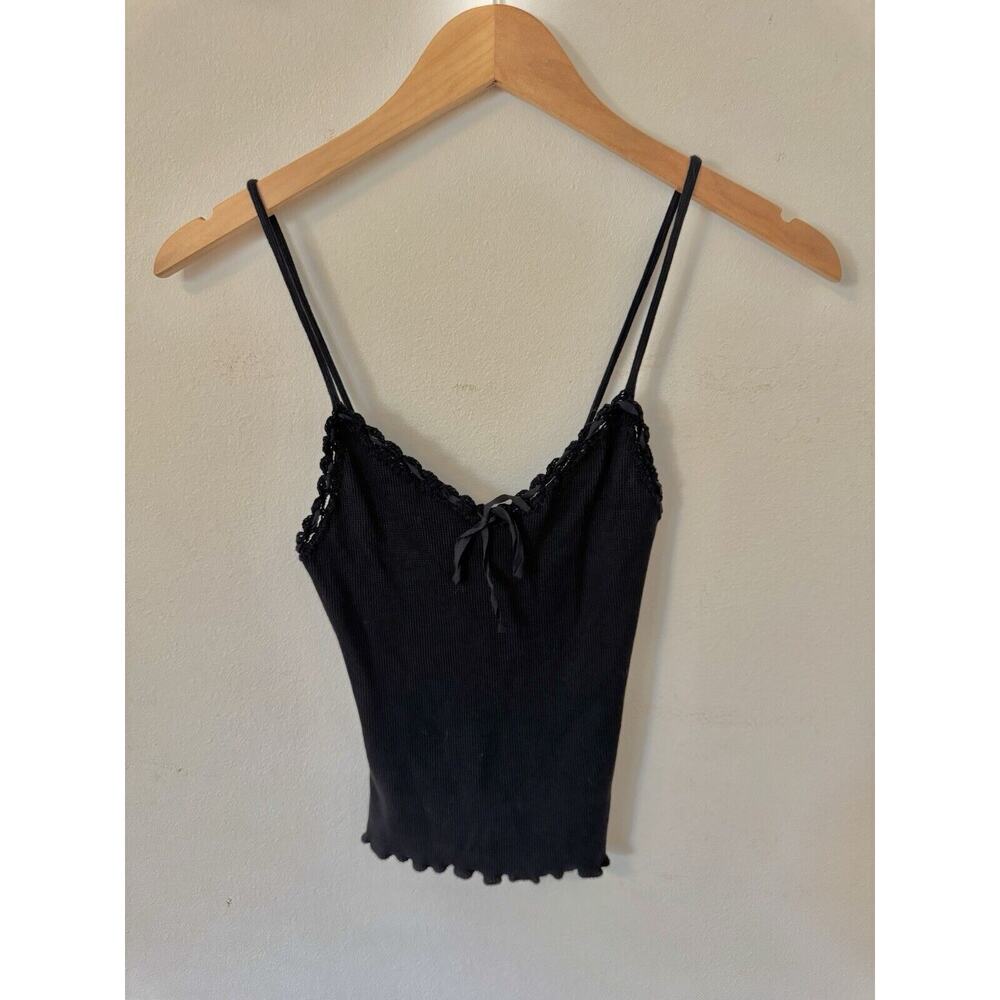VTG Mana Ibiza Tank Top Y2K Spaghetti Strap S Waffle Bow Black Boutique Travel
